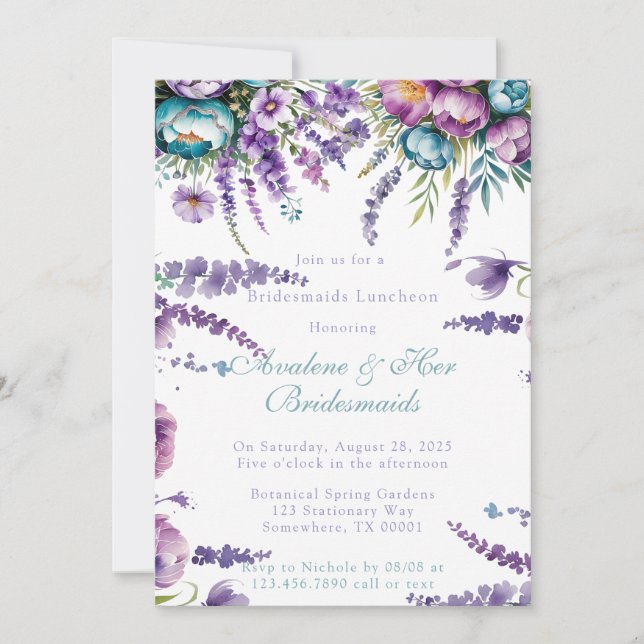 Invitación Flores turquesa moradas Bridesmaids Luncheon (Anverso)