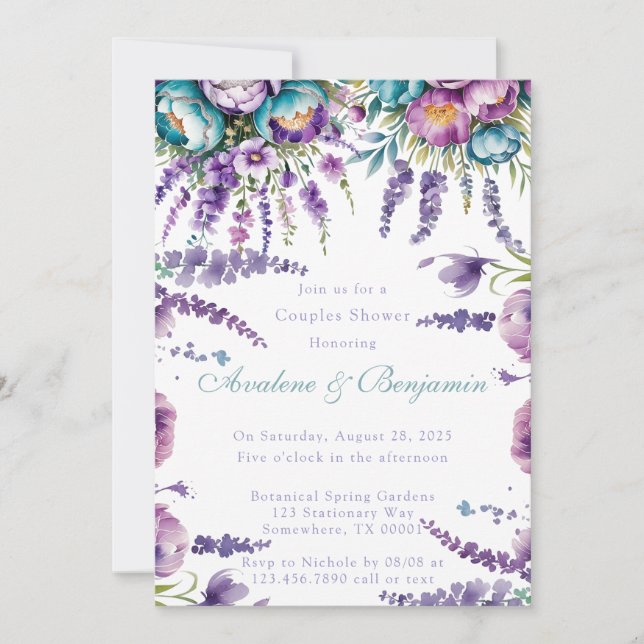 Invitación Flores turquesa moradas duchas de parejas (Anverso)