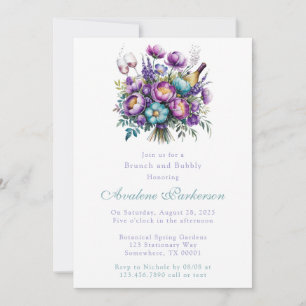 Invitación Flores turquesa moradas Peony Brunch y Bubbly