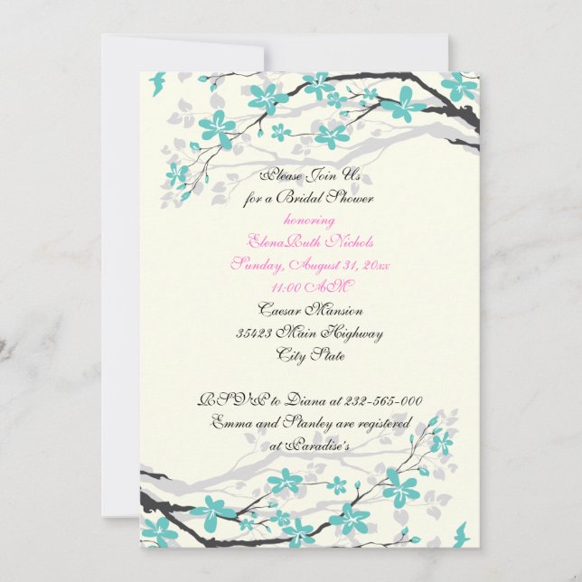 Invitación Flores turquesas, boda rosa caliente ducha de novi (Anverso)