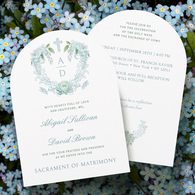 Invitación Flores turquesas Escudos Monogramos Boda católico (Subido por el creador)