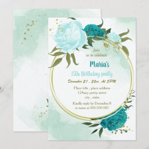 Invitación flores turquesas hojas verdes cumpleaños