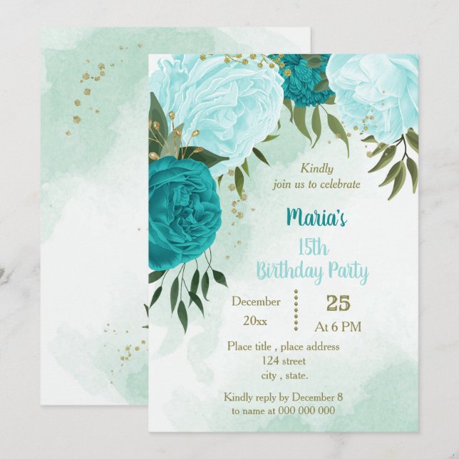 Invitación flores turquesas hojas verdes cumpleaños (Anverso / Reverso)