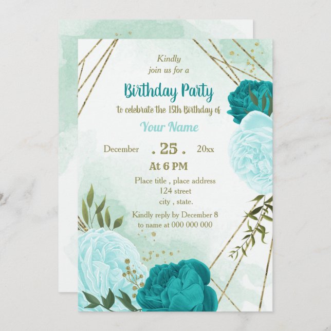 Invitación flores turquesas hojas verdes cumpleaños (Anverso / Reverso)