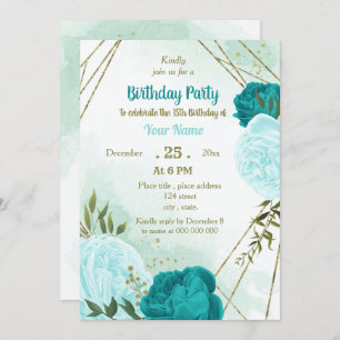 Invitación flores turquesas hojas verdes cumpleaños