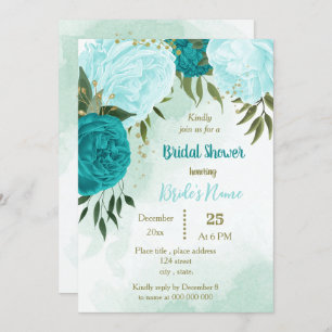 Invitación flores turquesas hojas verdes ducha de novia