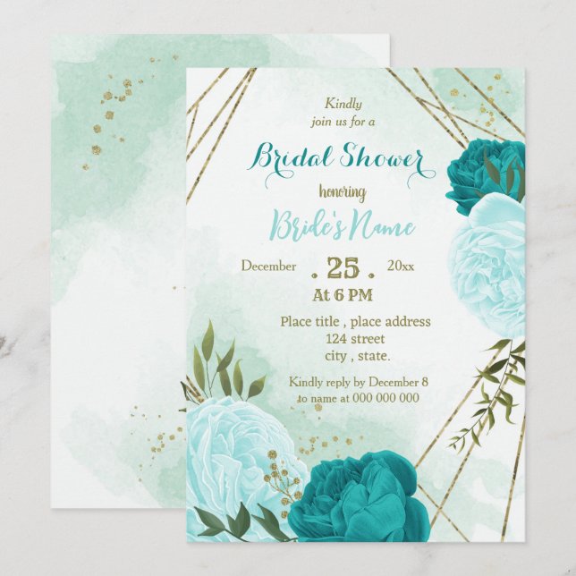 Invitación flores turquesas hojas verdes ducha de novia (Anverso / Reverso)