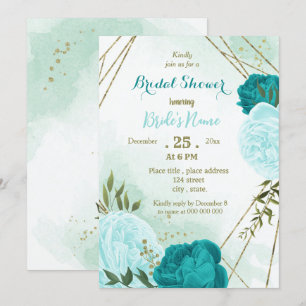 Invitación flores turquesas hojas verdes ducha de novia