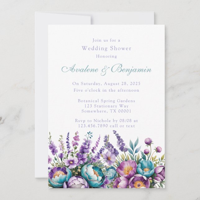 Invitación Flores turquesas violetas moradas ducha de matrimo (Anverso)