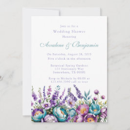 Invitación Flores turquesas violetas moradas ducha de matrimo