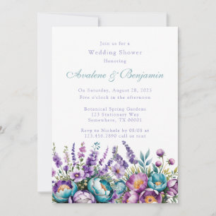 Invitación Flores turquesas violetas moradas ducha de matrimo