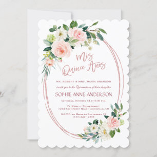 Invitación Flores únicas de crema de Rubor Rosa Gold Quinceañ