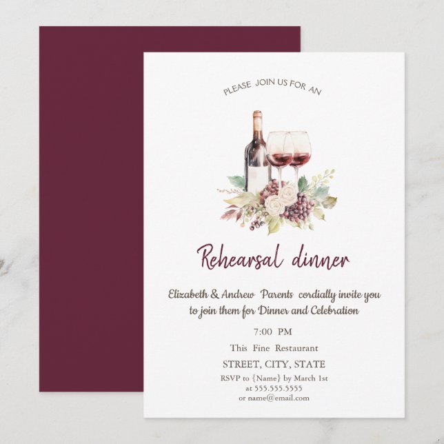Invitación Flores Uvas de Vino Burgundy Cena de Ensayo (Anverso / Reverso)