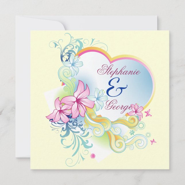 Invitación Flores Vectoriales Y Corazón Guardar La Fecha Boda (Anverso)