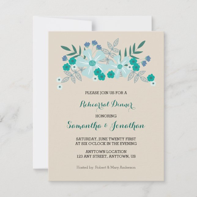 Invitación Flores verde azuladas de mano dibujadas, invitació (Anverso)