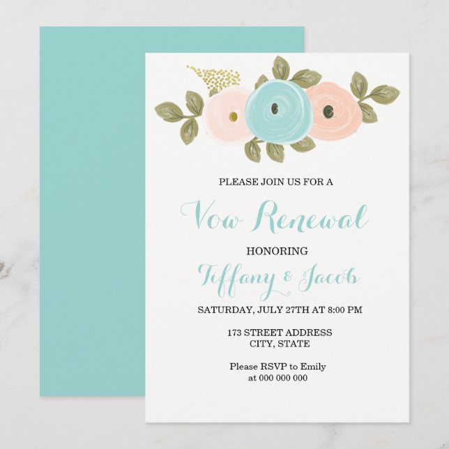 Invitación Flores Verde azuladas Peach invitan a la renovació (Anverso / Reverso)