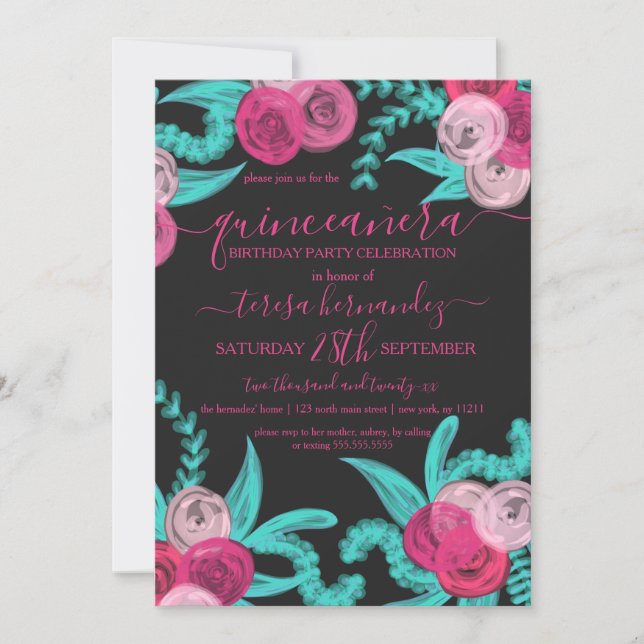 Invitación Flores Verde azuladas rosadas Artsy Bright Neon Qu (Anverso)