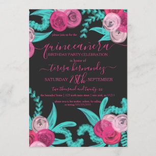 Invitación Flores Verde azuladas rosadas Artsy Bright Neon Qu