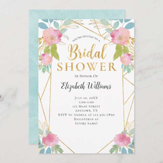 Invitación Flores Verde azuladas rosas, ducha de novia con ma (Anverso / Reverso)