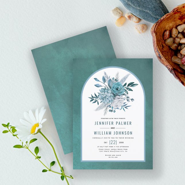 Invitación Flores verde azuladas y azul acuático y boda arca (Subido por el creador)