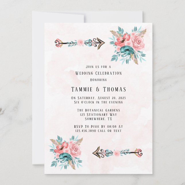 Invitación Flores Verde azuladas y rosadas de peones de Boho  (Anverso)