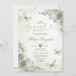 Invitación Flores Verde Salvia Mariposa Chica Dulces Dieciséi