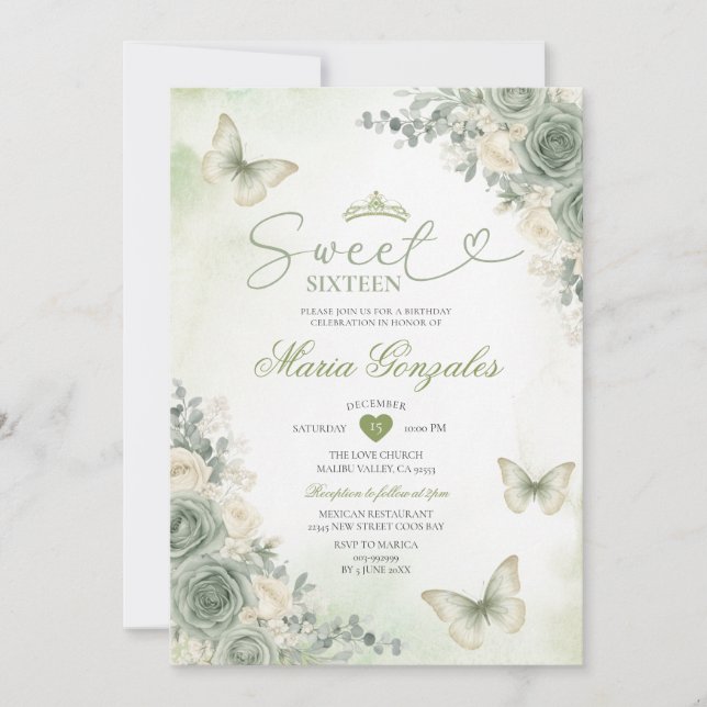 Invitación Flores Verde Salvia Mariposa Chica Dulces Dieciséi (Anverso)