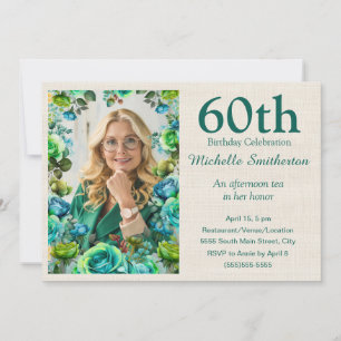 Invitación Flores Verdes Azules Modernos Cumpleaños 60 Fotogr