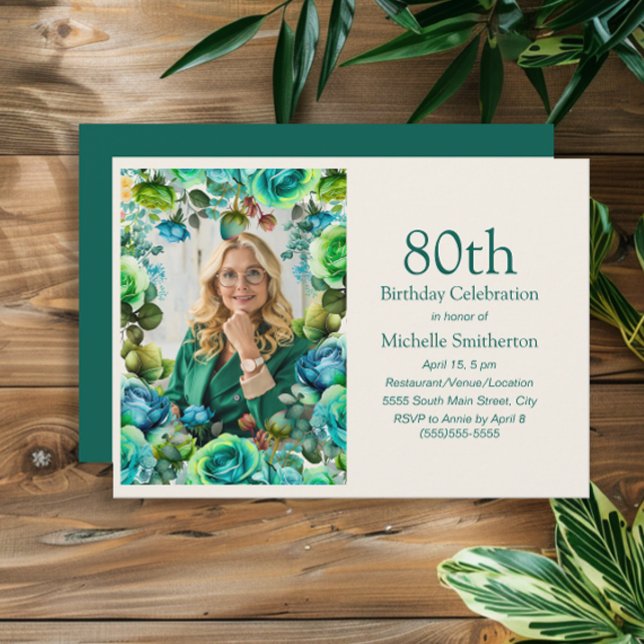 Invitación Flores verdes azules verde azuladas foto de cumple (Green and blue watercolor floral 80th birthday party photo card)