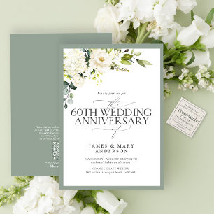 Invitación Flores verdes blancas QR 60 años de Boda