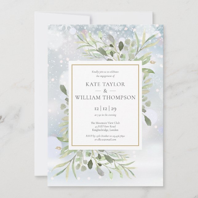 Invitación Flores Verdes Copos de Nieve de Invierno Compromis (Anverso)