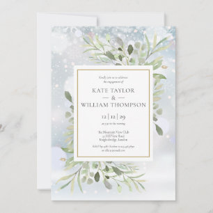 Invitación Flores Verdes Copos de Nieve de Invierno Compromis