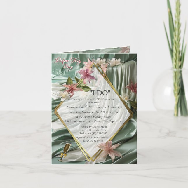 Invitación Flores verdes, crema, sedas y rosadas (Anverso)