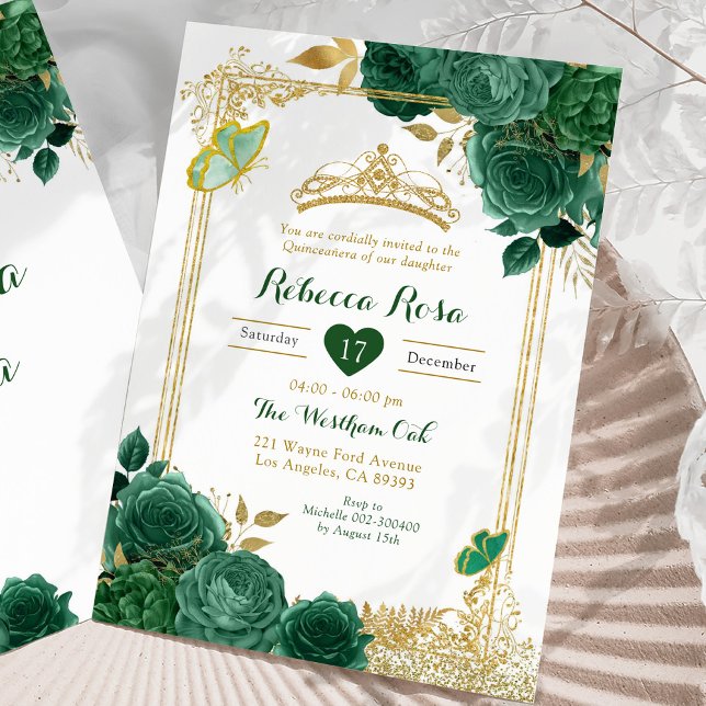 Invitación Flores verdes de esmeralda Gold Royal Quinceañera (Subido por el creador)