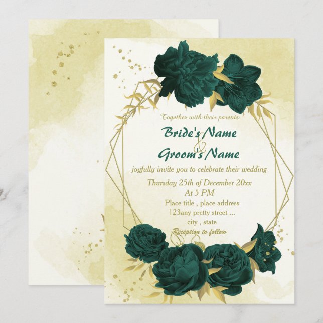 Invitación Flores verdes de esmeralda hojas de oro boda (Anverso / Reverso)