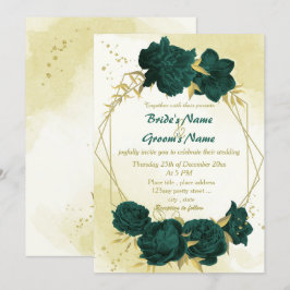 Invitación Flores verdes de esmeralda hojas de oro boda