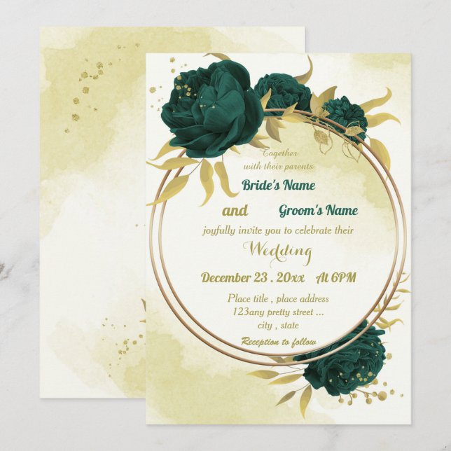 Invitación Flores verdes de esmeralda hojas de oro boda (Anverso / Reverso)