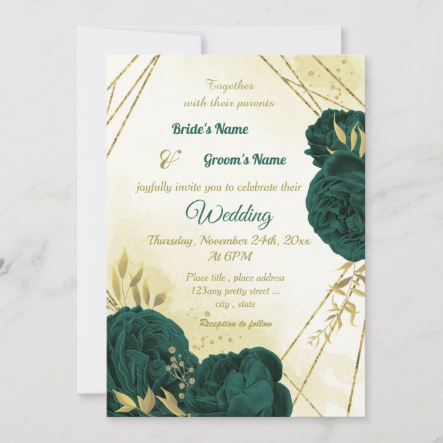Invitación Flores verdes de esmeralda hojas de oro boda (Anverso)