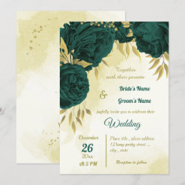 Invitación Flores verdes de esmeralda hojas de oro boda