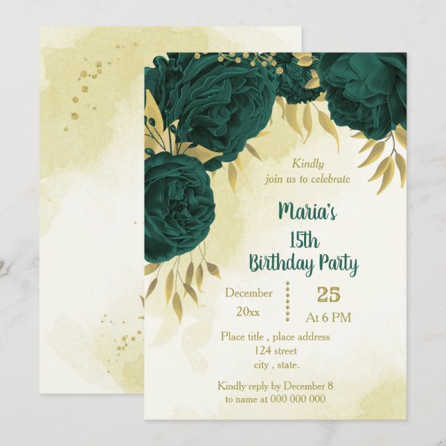 Invitación Flores verdes de esmeralda hojas de oro cumpleaños (Anverso / Reverso)