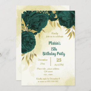 Invitación Flores verdes de esmeralda hojas de oro cumpleaños