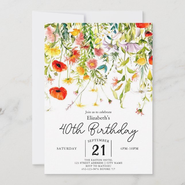 Invitación Flores verdes editables 40 años (Anverso)