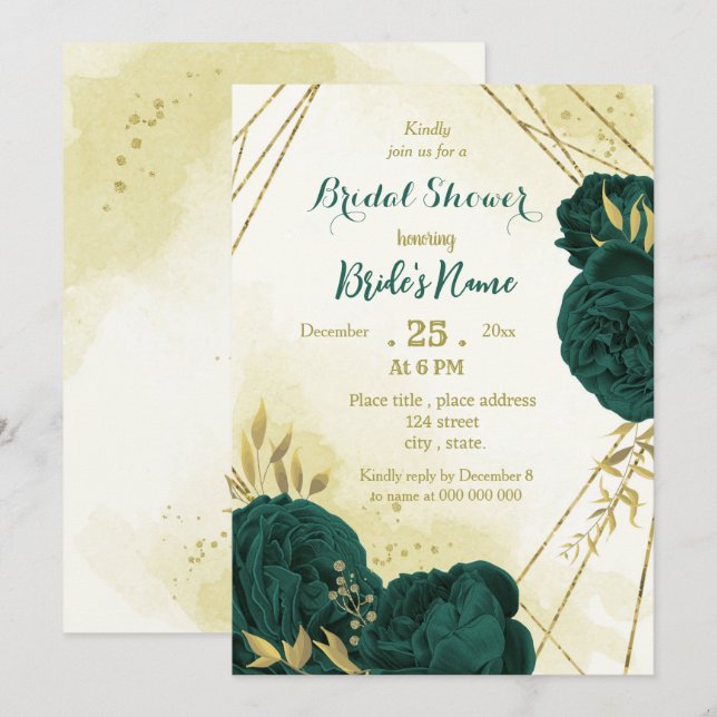 Invitación Flores verdes esmeraldas de oro hojas de novia (Anverso / Reverso)