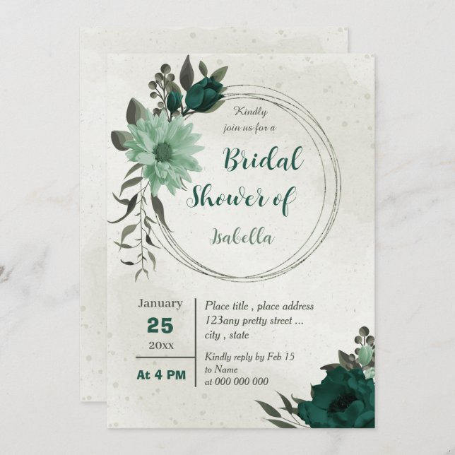 Invitación flores verdes esmeraldas ducha geométrica de novia (Anverso / Reverso)