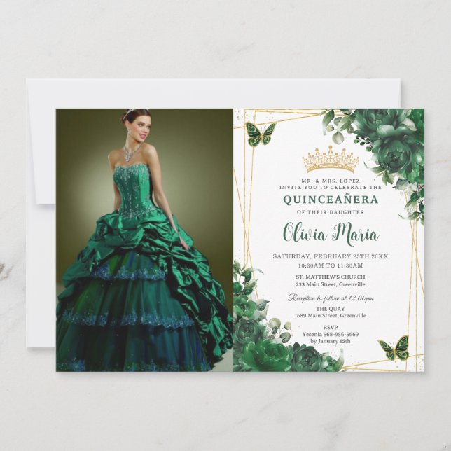 Invitación Flores verdes esmeraldas Floral Foto de Quinceañer (Anverso)