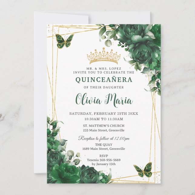 Invitación Flores verdes esmeraldas Flores Florales Quinceañe (Anverso)