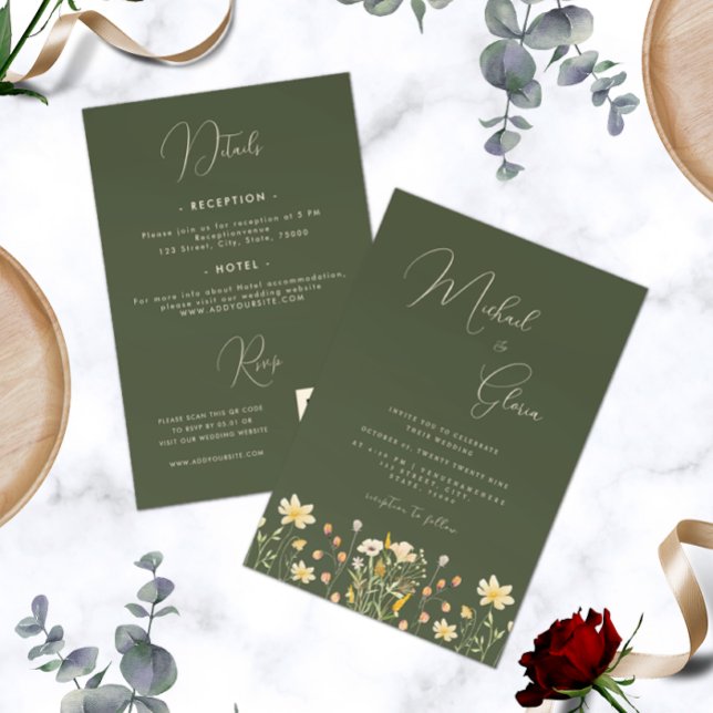 Invitación Flores verdes oscuras primavera en un solo Boda (Subido por el creador)
