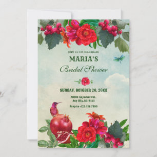 Invitación Flores verdes rojas ducha de novia retro con pájar