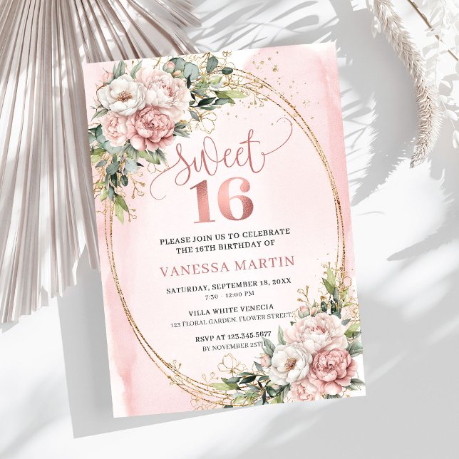 Invitación Flores Verdes Rosa Rubor Cumpleaños 16  (Dusty Pink Floral Eucalyptus Sweet Sixteen Birthday Invite

)