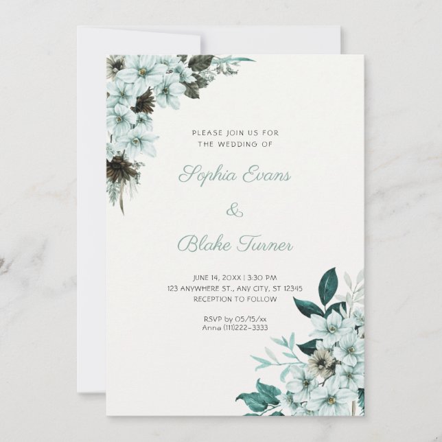 Invitación Flores Verdes Rústicos Boda Boho Off Blanco (Anverso)